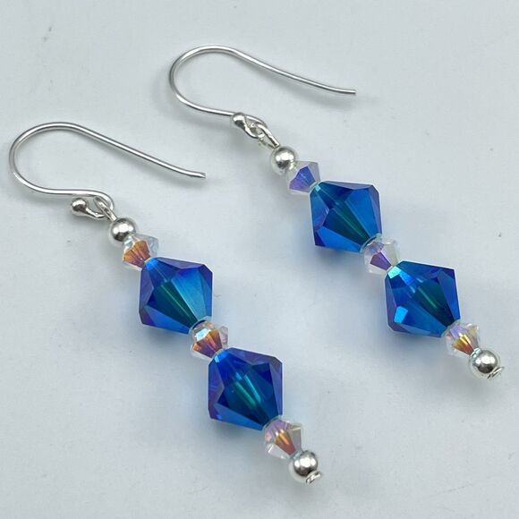 Made With Swarovski Crystal Teal Blue White AB Beaded Sterling Silver Earrings - Picture 2 of 7